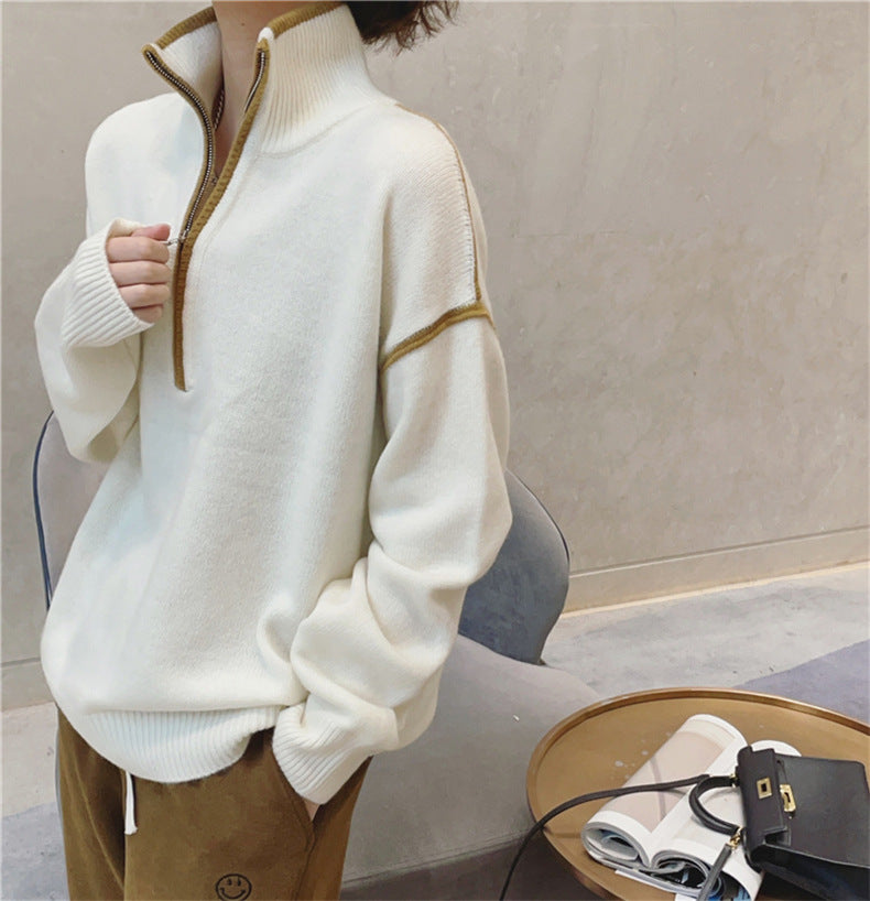Stand Collar Zip Colorblock Loose Fashion Sweater