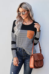 Women's Casual Black Striped Pinstripe Patch Pocket Long Sleeve Top