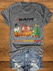 Ghost Turkey Christmas Tree Print Crew Neck T Shirt