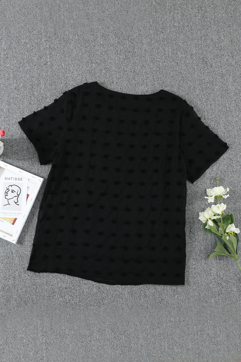 Women's Casual Black Swiss Dot Texture Short Sleeve Top