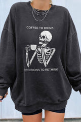 Coffee Skull Print Long Sleeve Casual Sweatshirt