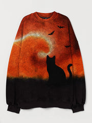 Halloween Black Cat Silhouette Contrast Washed Sweatshirt