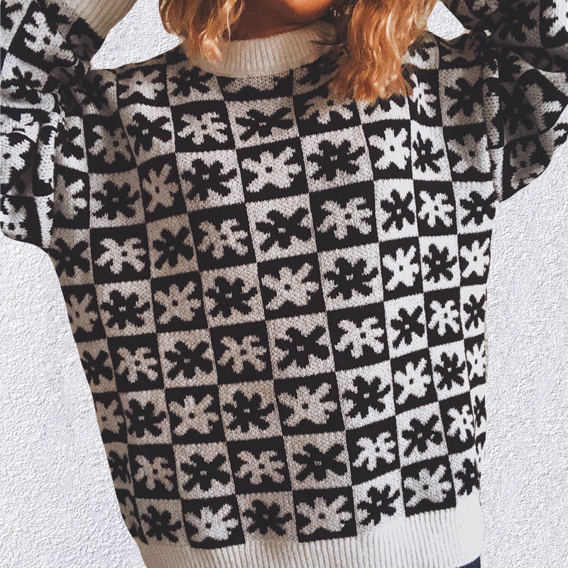 Casual Floral Plaid Round Collar Long Sleeve Loose Knit Sweater