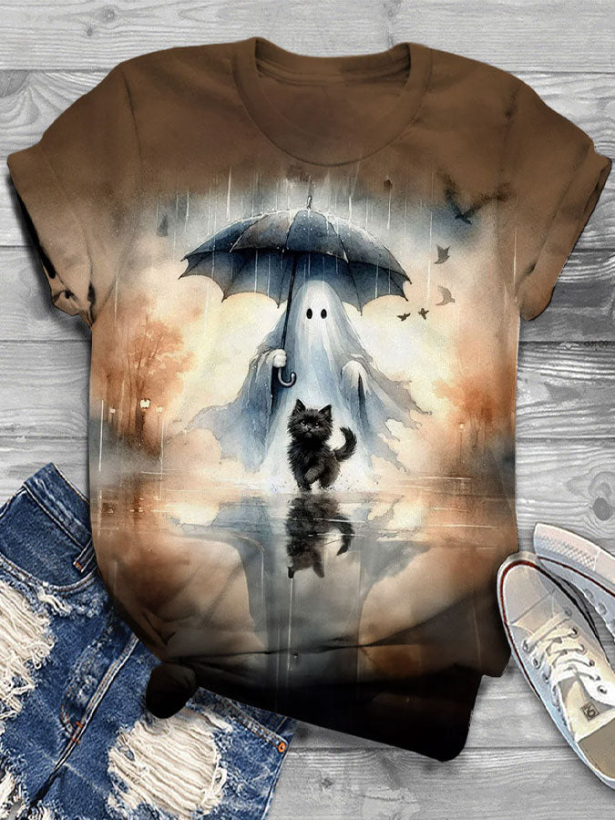 Women's Halloween Cat Print Casual T-Shirt