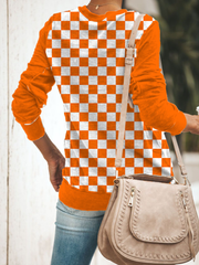 Orange Plaid Checkerboard Round Neck Shift Casual Long Sleeve Top