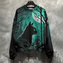 Vintage Noctilucent Cat Print Long Sleeve Sweatshirt
