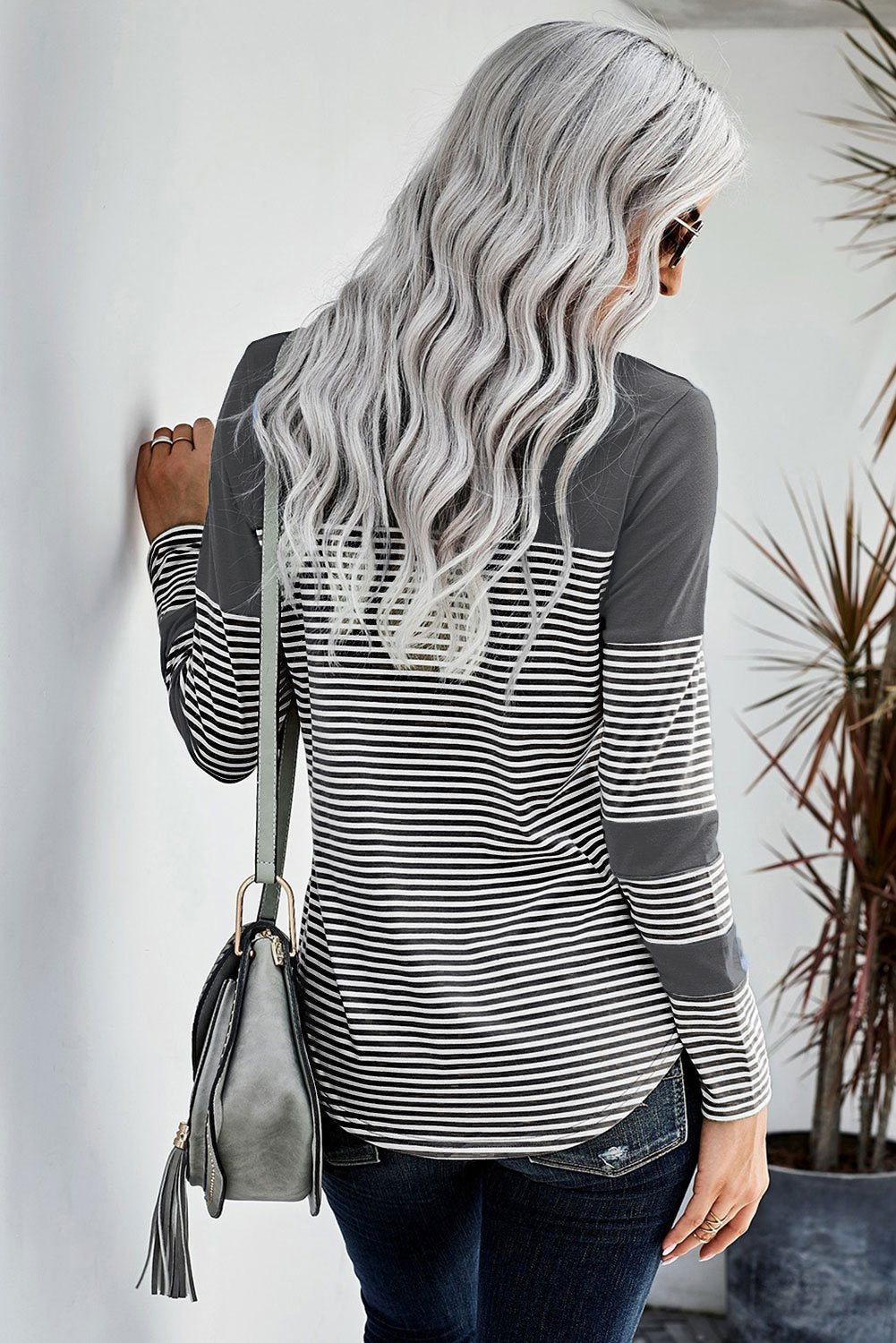 Women's Casual Gray Striped Pinstripe Patch Pocket Long Sleeve Top