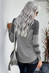 Women's Casual Gray Striped Pinstripe Patch Pocket Long Sleeve Top