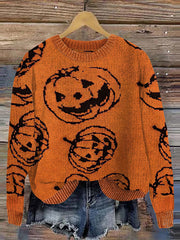 Halloween Pumpkin Print Knitted Pullover Sweater