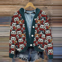 Vintage Cute Cat Pattern Cozy Button Cardigan Sweater