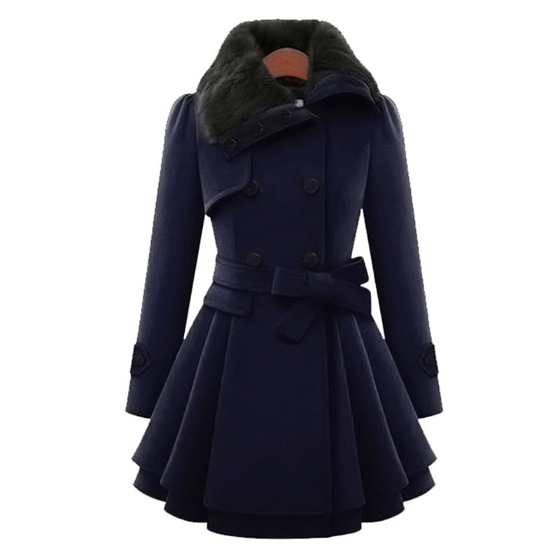 Fashionable Fur Collar Double Breasted Wool Coat
