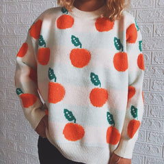 Orange Jacquard Casual Round Neck Sweater