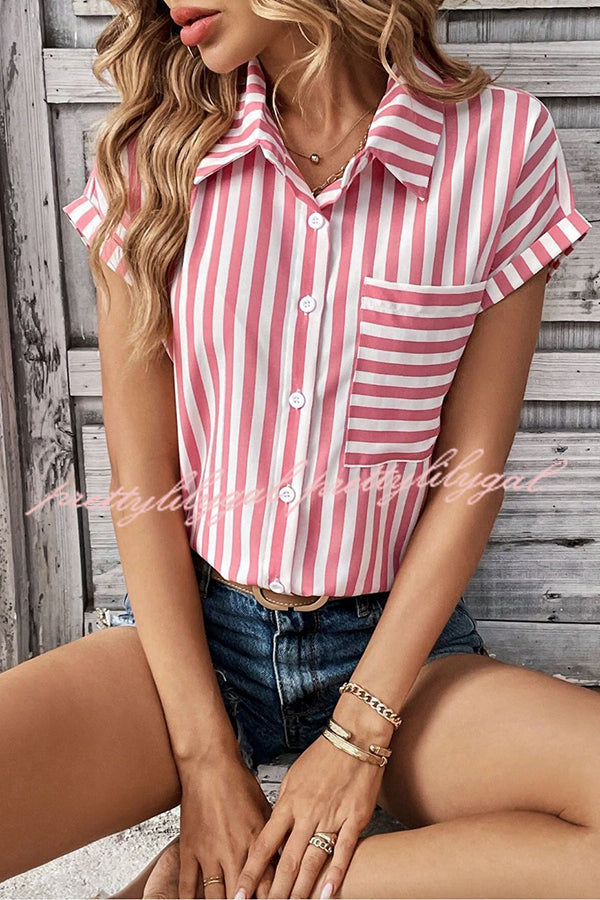 Striped Print Short Sleeve Pocket Shirt Top
