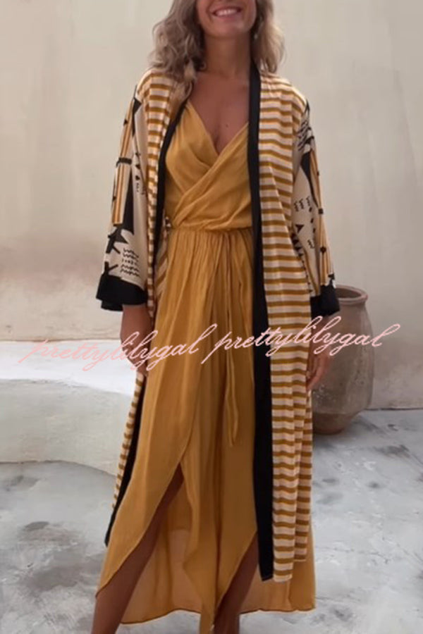 Retro Geometric Ethnic Print Open Front Slit Duster Kimono