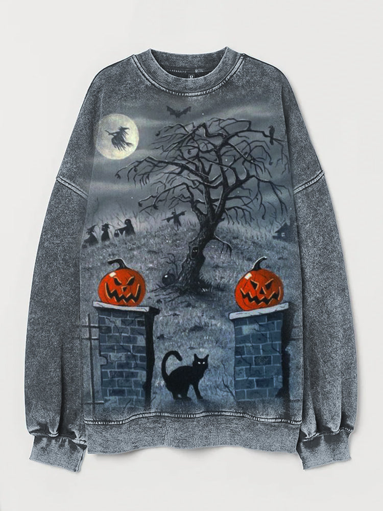 Vintage Halloween Black Cat Art Washed Sweatshirt