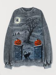 Vintage Halloween Black Cat Art Washed Sweatshirt