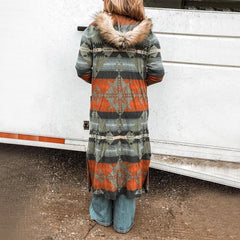 Western Style Retro Fur Collar Long Cardigan Jacket