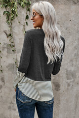 Women's Gray Stripe Pocket Sequins Splicing O-neck Long Sleeve Top