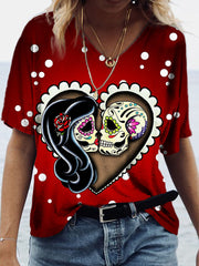 Day of the Dead Sugar Skull Lovers V Neck T Shirt