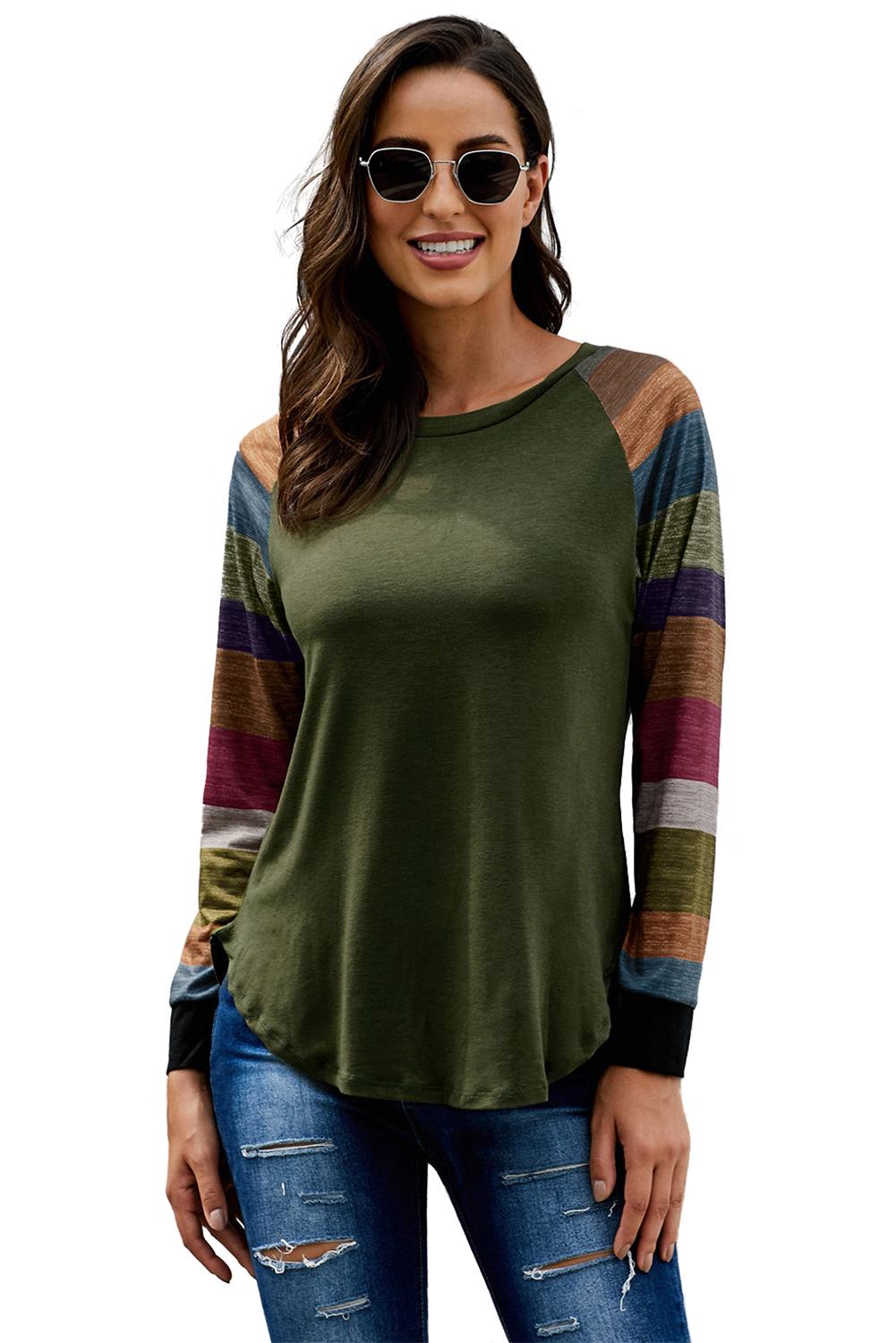 Women's Green Color Block Long Sleeves Pullover Top