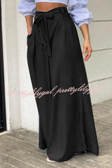 Tie Waist Pleated Side Pocket Wide Leg Jeans