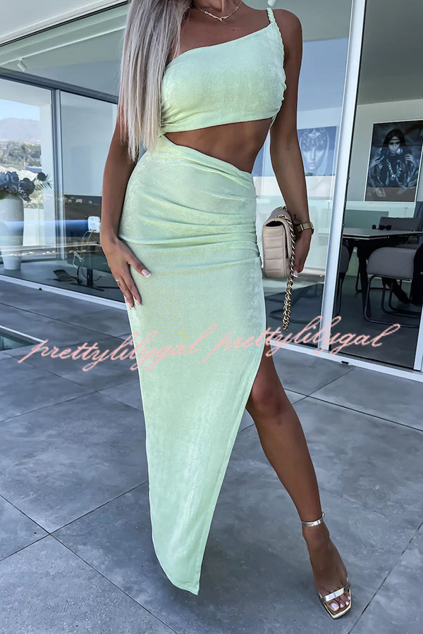 Little Mermaid One Shoulder Cutout Waist Ruched Stretch Maxi Dress