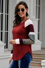 Women's Color Block Long Sleeves Burgundy Pullover Top