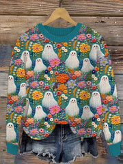 Ghost & Floral Embroidery Pattern Vintage Knit Sweater