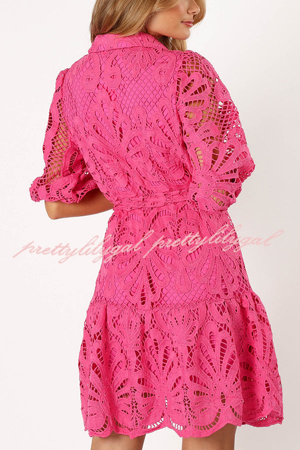 Solid Color Lace Cutout Balloon Sleeves and Waist Tie Mini Dress