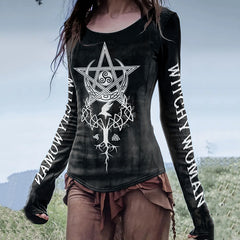 Women's Star Moon Witch Circular Magic Circle Life Of Tree Art Print Tops