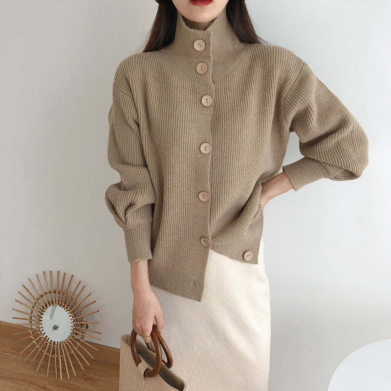 High-Necked Thick Loose Western-Style Knitted Cardigan