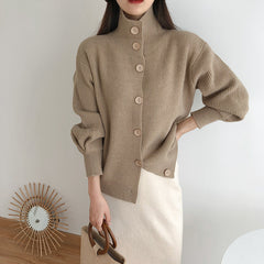 High-Necked Thick Loose Western-Style Knitted Cardigan