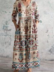 Vintage Western Ethnic Print V-Neck Loose Midi Dress
