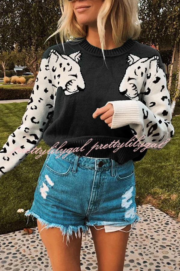 Always Spot Leopard Print Crew Neck Long Sleeve Sweater
