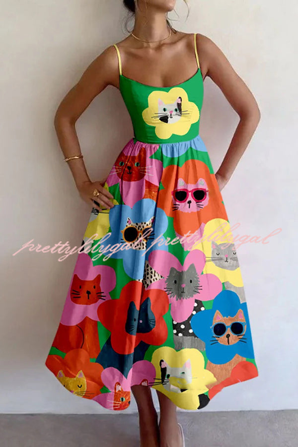 Colorful Unique Printed Sexy Suspender Slim Midi Dress