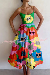 Colorful Unique Printed Sexy Suspender Slim Midi Dress