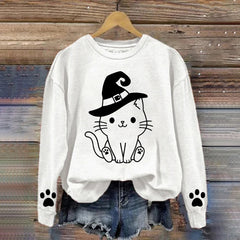 Halloween Witch Hat Cat Printed Sweatshirt