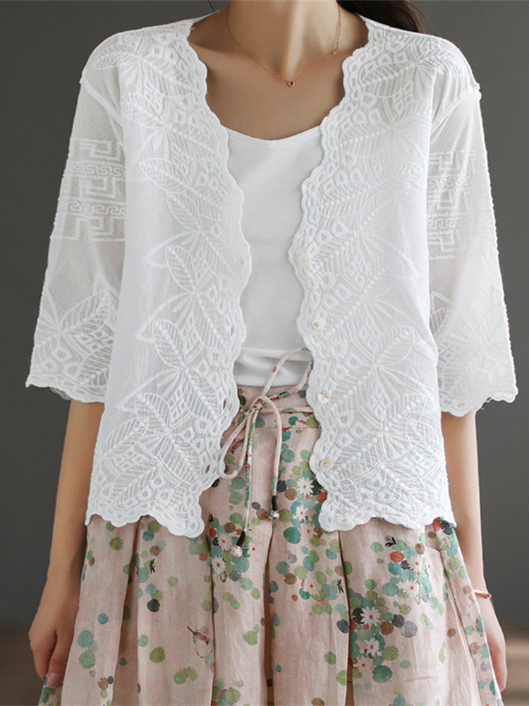 Leaves Embroidered Floral Hem Linen Cardigan
