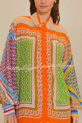 Brazil's Joyful Spirit Colorful Unique Print Balloon Sleeve Button Loose Shirt