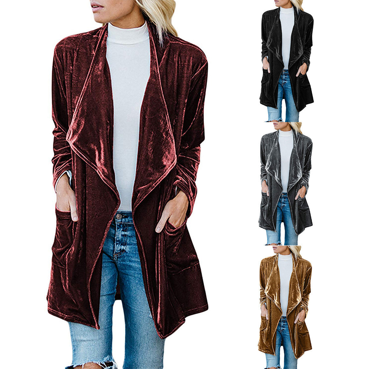 Simple Irregular Front Collar Pocket Kimono Duster
