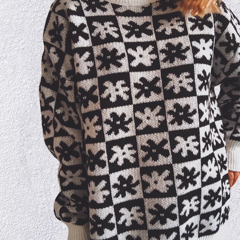 Casual Floral Plaid Round Collar Long Sleeve Loose Knit Sweater