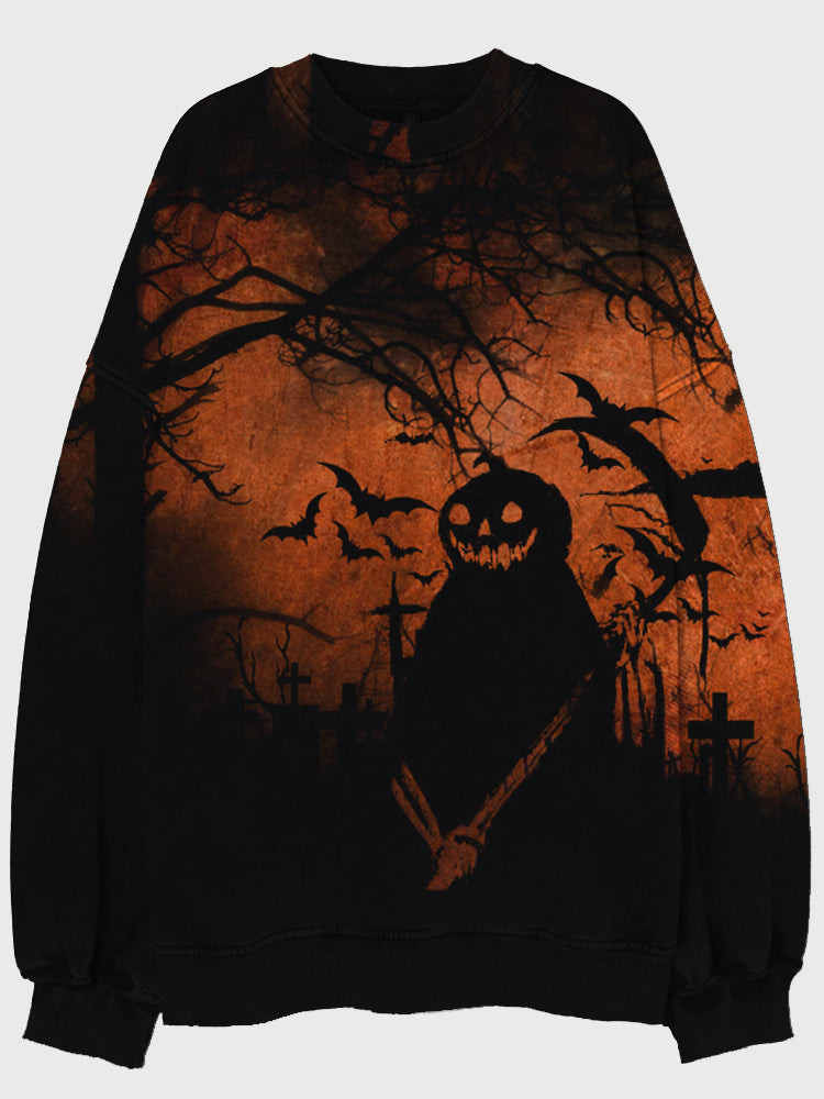 Vintage Halloween Pumpkin Ghost Art Washed Sweatshirt