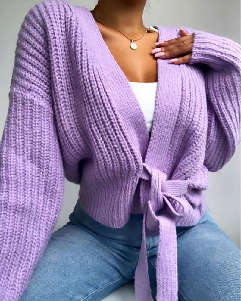 V-Neck Bandage Cardigan Sweater Solid Color Hollow Ladies Sweater