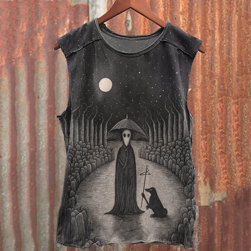 Vintage Ritualistic Mask Scary Ghost Print Vest