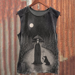 Vintage Ritualistic Mask Scary Ghost Print Vest