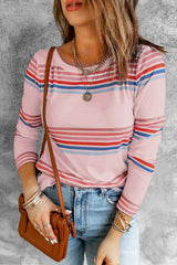 Women's Pink Stripe Print Crew Neck Top