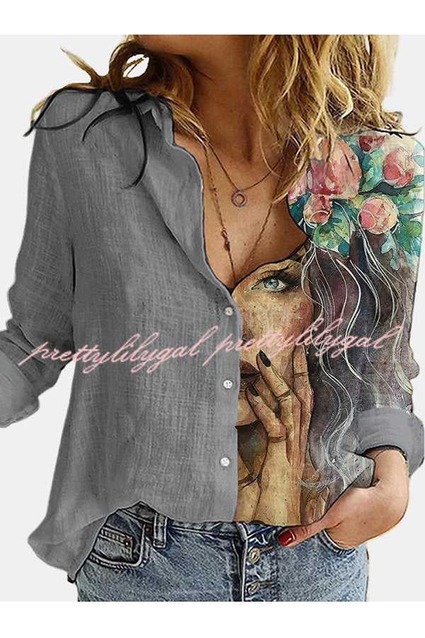 Figure Print Button Design Long Sleeve Casual Blouse