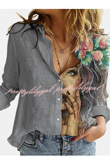 Figure Print Button Design Long Sleeve Casual Blouse