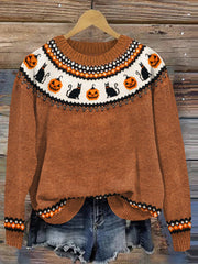 Halloween Pumpkin Cat Print Casual Knitted Pullover Sweater