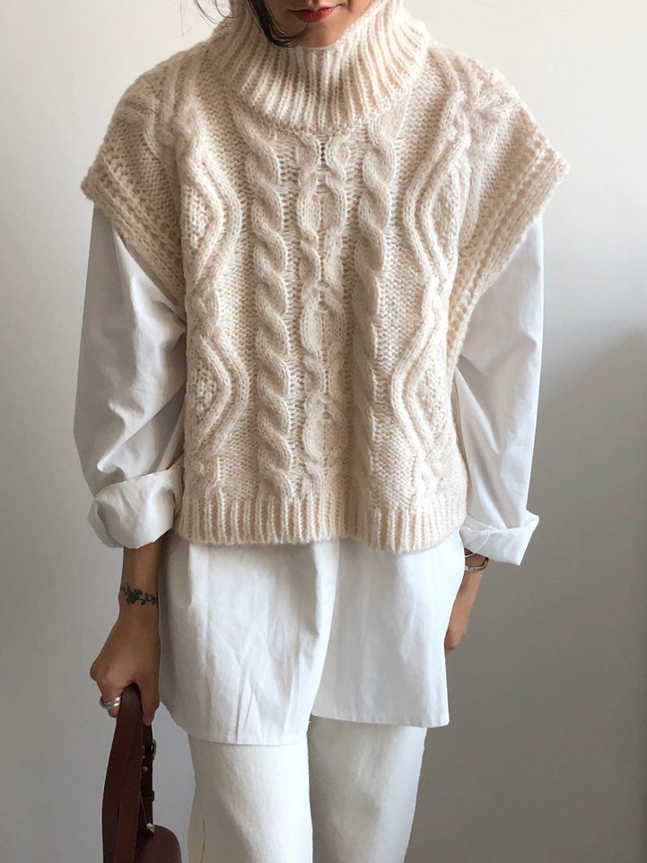 Vintage turtleneck hemp pattern loose knit sweater vest